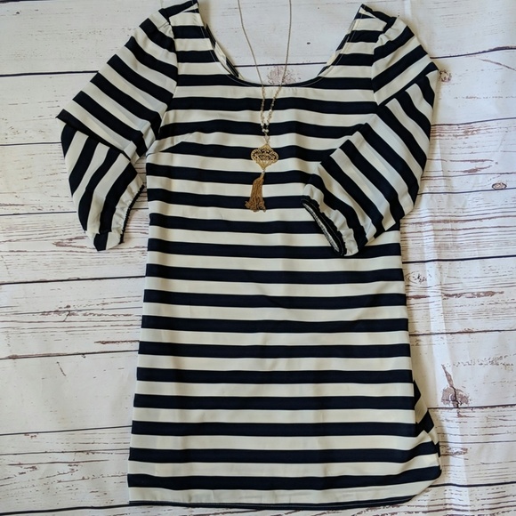 Pink Owl Dresses & Skirts - Striped Navy and White 3/4 Sleeve Dress